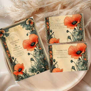 Floral Art Nouveau Poppy  Wedding Thank You Card