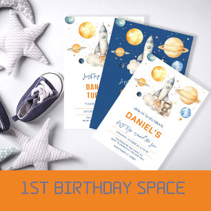 Cute Outer Space Planets Boy First Birthday Invitation
