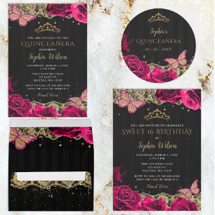 Budget Pink Roses Black Quinceañera Invitation