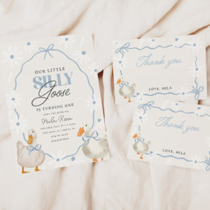 Blue Bow Silly Goose Coquette Birthday Invitation