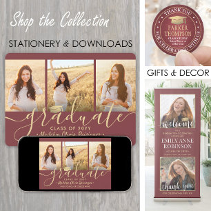 4 Photo Collage Burgundy and Gold Graduation Party Invitation