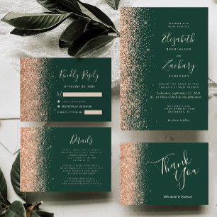 Modern Peach Glitter Edge Emerald Green Wedding Invitation