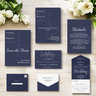 Minimal Navy Blue White Monogram Elegant Wedding Invitation