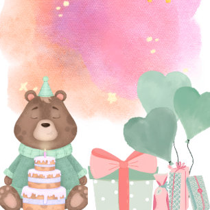 Cute Watercolor Bear Birthday Invitation 