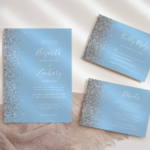Pastel Baby Blue Silver Glitter Wedding Invitation