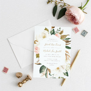 Floral Elegant Magnolia Beige Navy Wedding Invitation