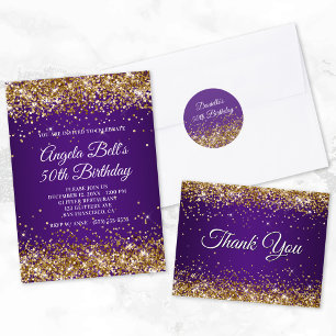 Sparkly Gold Glitter Royal Purple Sweet Sixteen Invitation