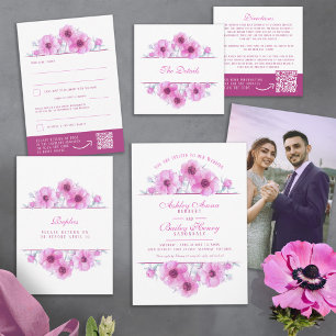 Pink anemone floral watercolor engagement invitation