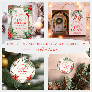 Photo First Christmas In Our New Home Greenery Holiday Card