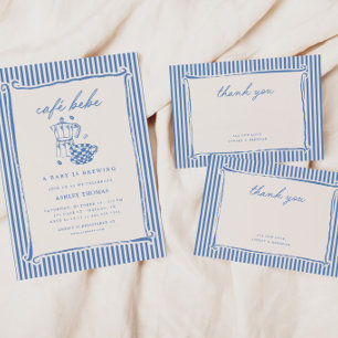 Cafe Bebe Shower   Blue Stripe Baby is Brewing Invitation