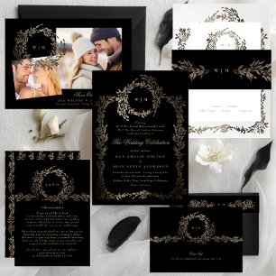Black Gold Ebony Botanical Monogram Wreath Wedding Invitation