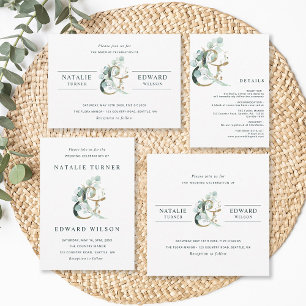 Eucalyptus Ampersand Gold Green Wedding Invitation