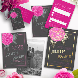 Inked camellia wedding pink grey brown invitation