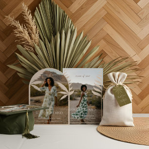 Boho Retro Tropical Palm Tree Graduation Photo Tri-Fold Announcement