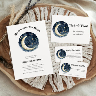 Over The Moon Navy Blue Space Baby Shower Invitation