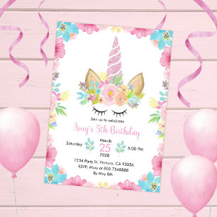 Unicorn Themed Birthday Party Floral Magical cute Invitation