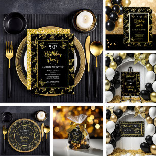 Elegant Black Gold Butterflies 50th Birthday Party Invitation