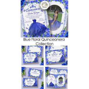 Royal Blue Glitter Floral Quinceanera RSVP Card