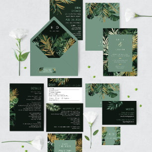 Tropical modern Palm leaves dusty green Wedding Invitation