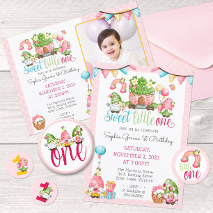Strawberry Gnome Garden Little One 1st Birthday Invitation