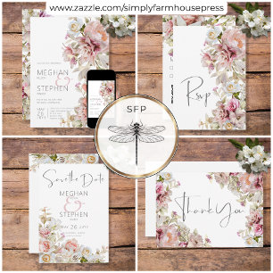 Delicate Modern Pink Blush Rose & Lily Wedding Save The Date