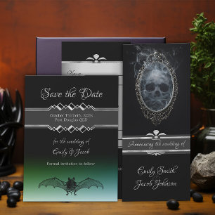 Black Gothic Halloween Wedding Ghostly Skull & Bat Invitation