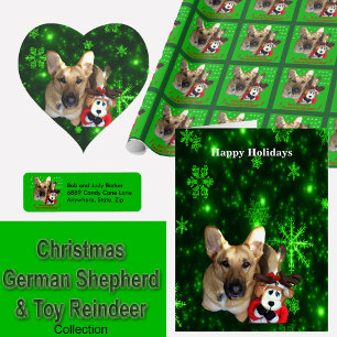 German Shepherd, Toy Reindeer, Green Snowflakes Leggings