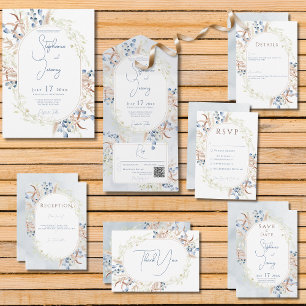 Blue Dried Boho Flowers White Wedding Thank You Card