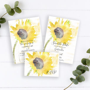 Yellow Sunflower on White Watercolor Wedding Invitation