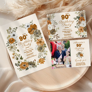 Photo Elegant Boho Floral 90th Birthday Thank You Card