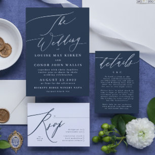 Simple Navy Blue and White Modern Calligraphy RSVP Card