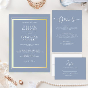 Dusty Blue And Gold Boho Wedding Invitation