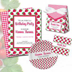 Little Girl Strawberry Pattern Green Pink Birthday Invitation