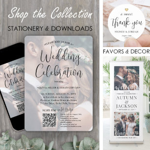 Any Text Trendy Script & Photo QR RSVP Wedding Invitation