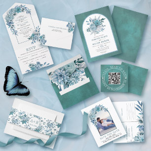 Arch with teal, aqua blue flowers, leaves wedding all in one invitation