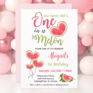 One In A Melon Pink Girl 1st Birthday Party Invitation