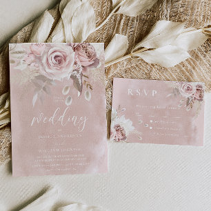 Modern Dusty Rose & Blush Rose Watercolor Wedding  Invitation
