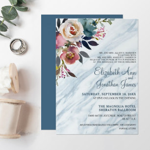 Formal Dusty Blue Champagne Wine Floral Wedding Invitation