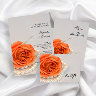 Orange Rose and White Pearls Wedding Invitation