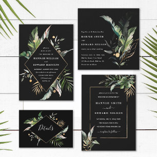 Wild Tropical Foliage Black Wedding Square Invitation