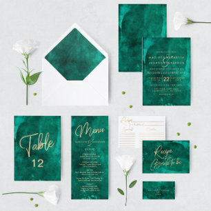 Emerald Green Watercolor Gold Wedding Invitations
