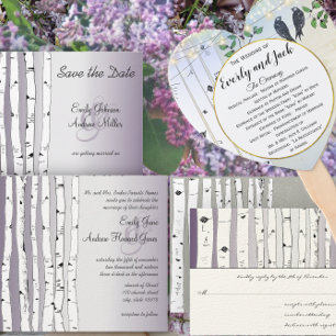 Vintage Love Birds Birch Tree Wedding Invitations