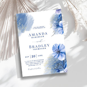 Dusty Blue & Gold Glitter Elegant Floral Wedding Invitation