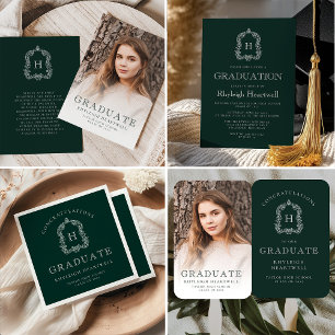 Classic Dark Green Monogram Crest Graduation Party Invitation
