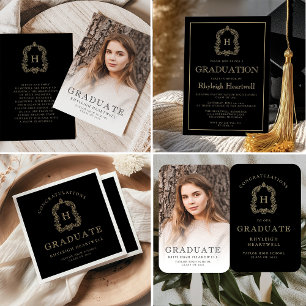 Monogram Black Gold Photo Grad Announcement