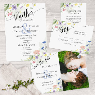 Save The Date Watercolor Wildflowers 4-Photo Invitation