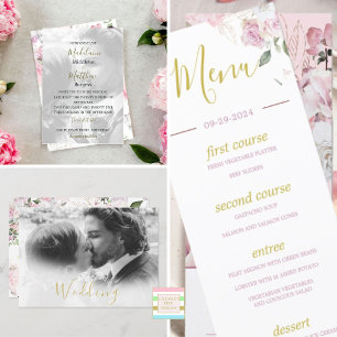 Photo x 2 Floral  Gold Pink White Wedding   Invitation