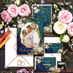 Modern Floral Gold Wreath Photo Wedding Invitation