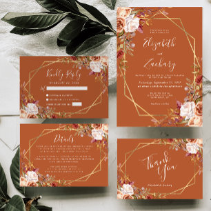 Burnt Orange Watercolor Fall Floral Gold Wedding Invitation