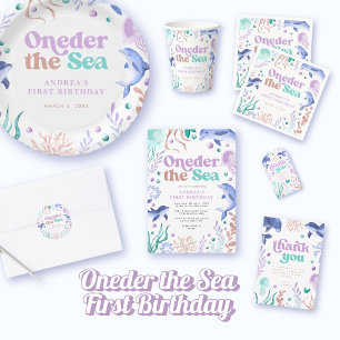 Modern Oneder the Sea Dolphin Retro First Birthday Paper Plate